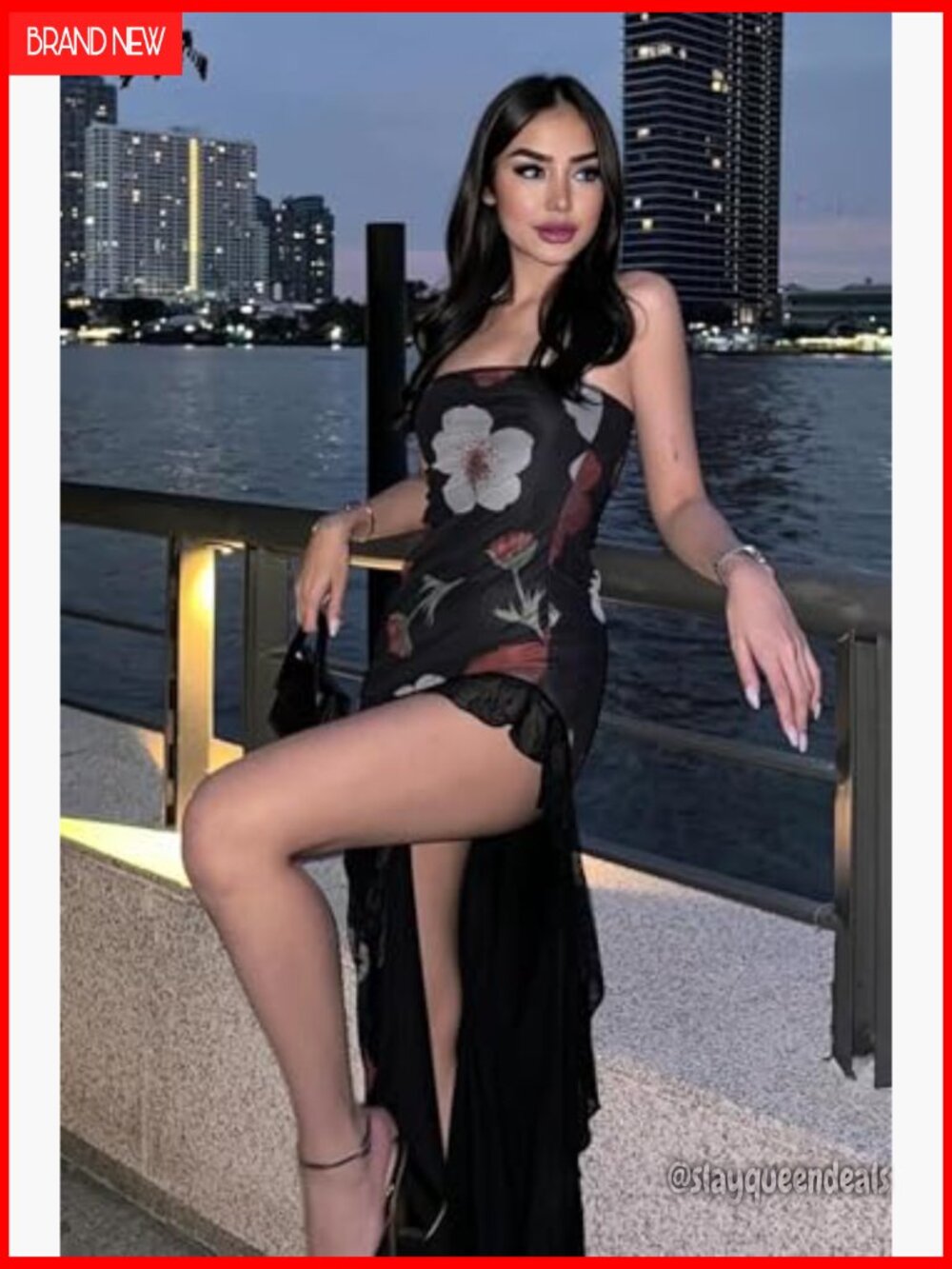 Strapless Tube Maxi Dress with High Split and Lace Trim Bodycon Fit - Picture 3 of 7